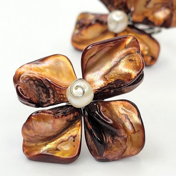 Dark Brown Sea Shell Freshwater Pearl Bead Asymmetric Flower Adjustable Ring - Picture 13 of 16